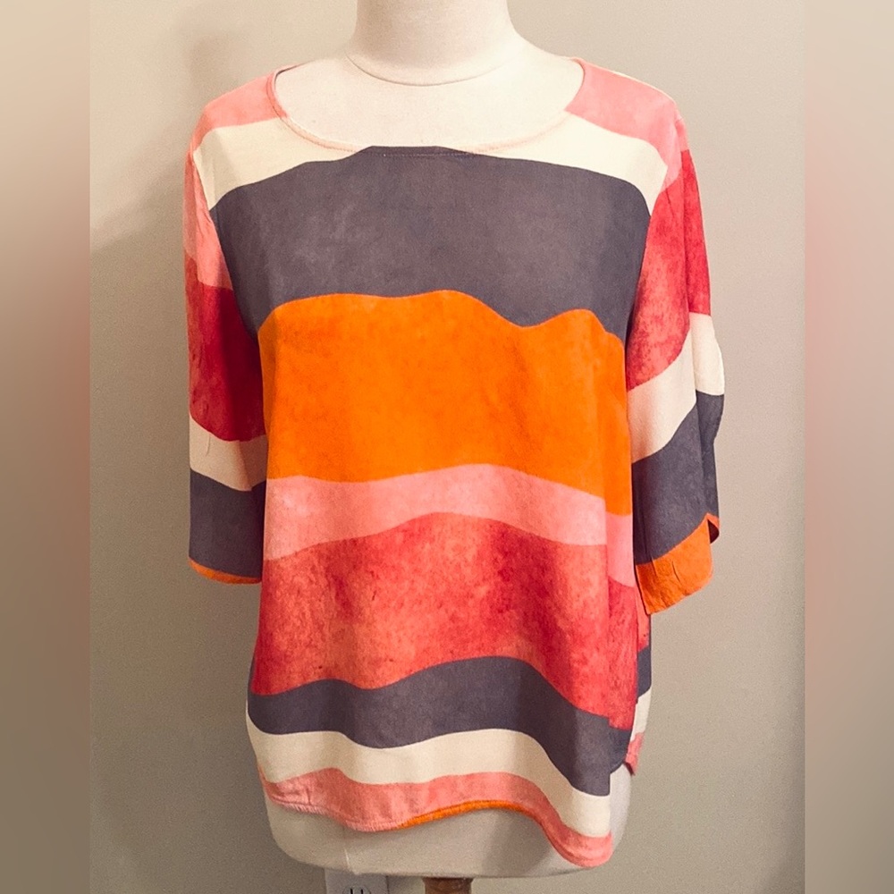 FOIL Grey Pink Orange SZ 8 Modern Boho Chic Colorful Artsy Tulip Sleeves Top